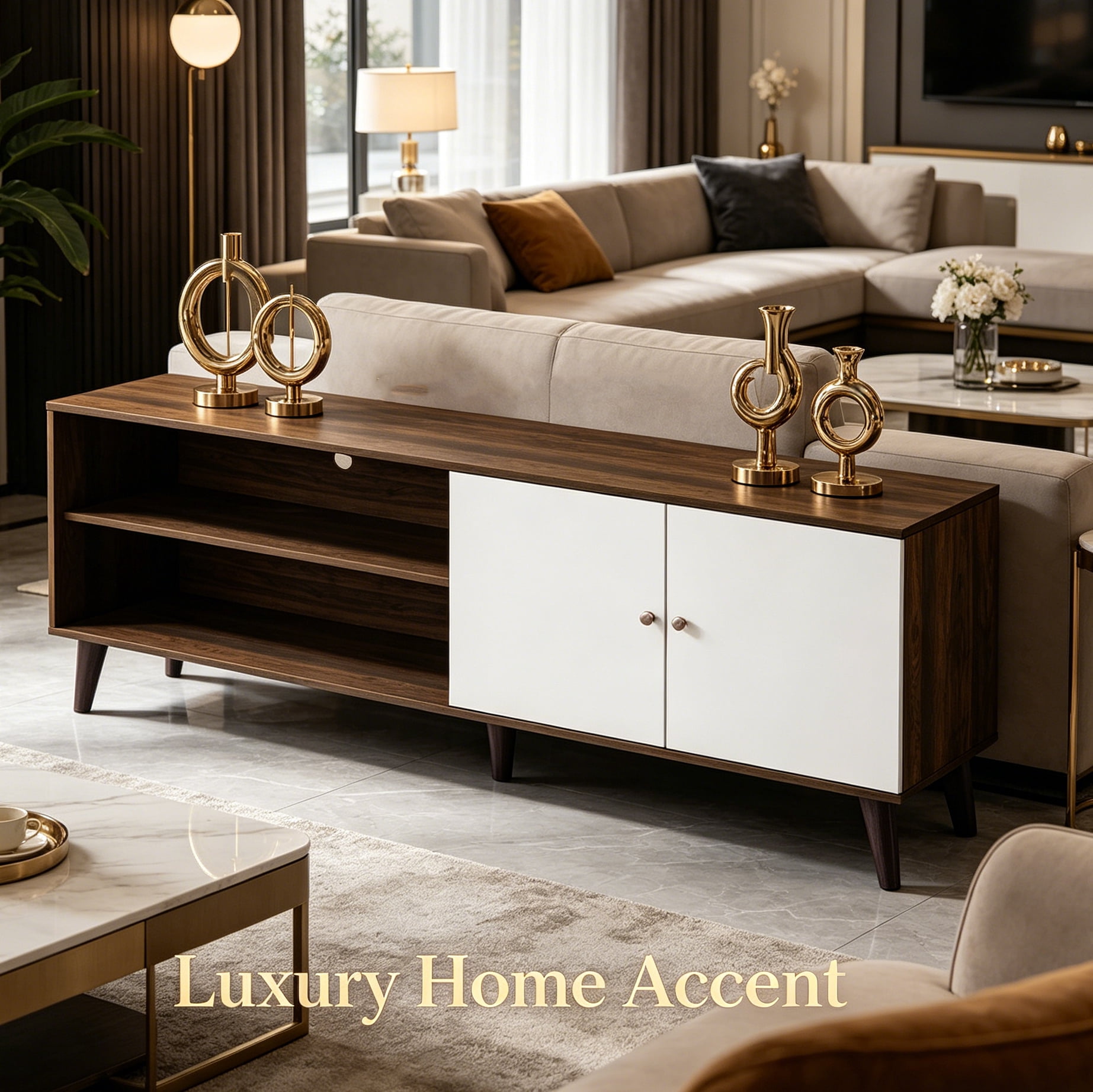 Aukfa Mid-Century Modern TV Stand for TVs up to 65", Wood Entertainment Center with 2 Doors, Low Profile Media Console,Walnut
