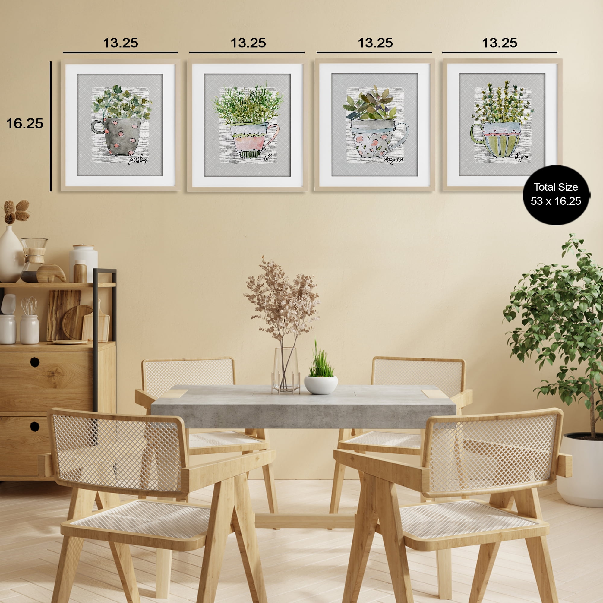 Stupell Industries Kitchen Herbs in Mugs 4 Piece Birch Framed Print Under Glass Set, design by Livi Finn