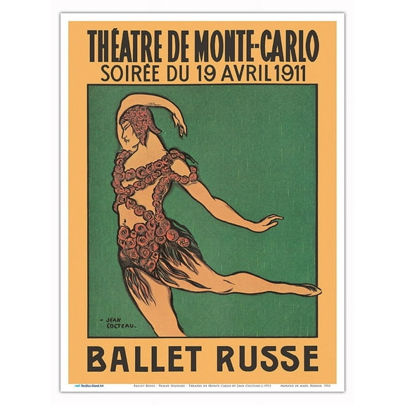 Ballet Russe - Vaslav Nijinsky - Theatre de Monte Carlo - Vintage Dance Poster by Jean Cocteau c.1911 - Master Art Print (Unframed) 9in x 12in