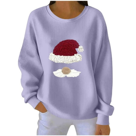 SnZhen Christmas Women s Sweatshirts Ladies Fashionable Loose Casual Printed Long Sleeved Round Neck Sweatshirt Top Purple XXL