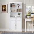 thumbnail image 6 of PUFFCAFE Bookcase with Doors & Drawers,Wood Book Shelf with Storage Cabinet,3 Tier Display Shelves,Metal Handles,White Tall Book Case, 6 of 7