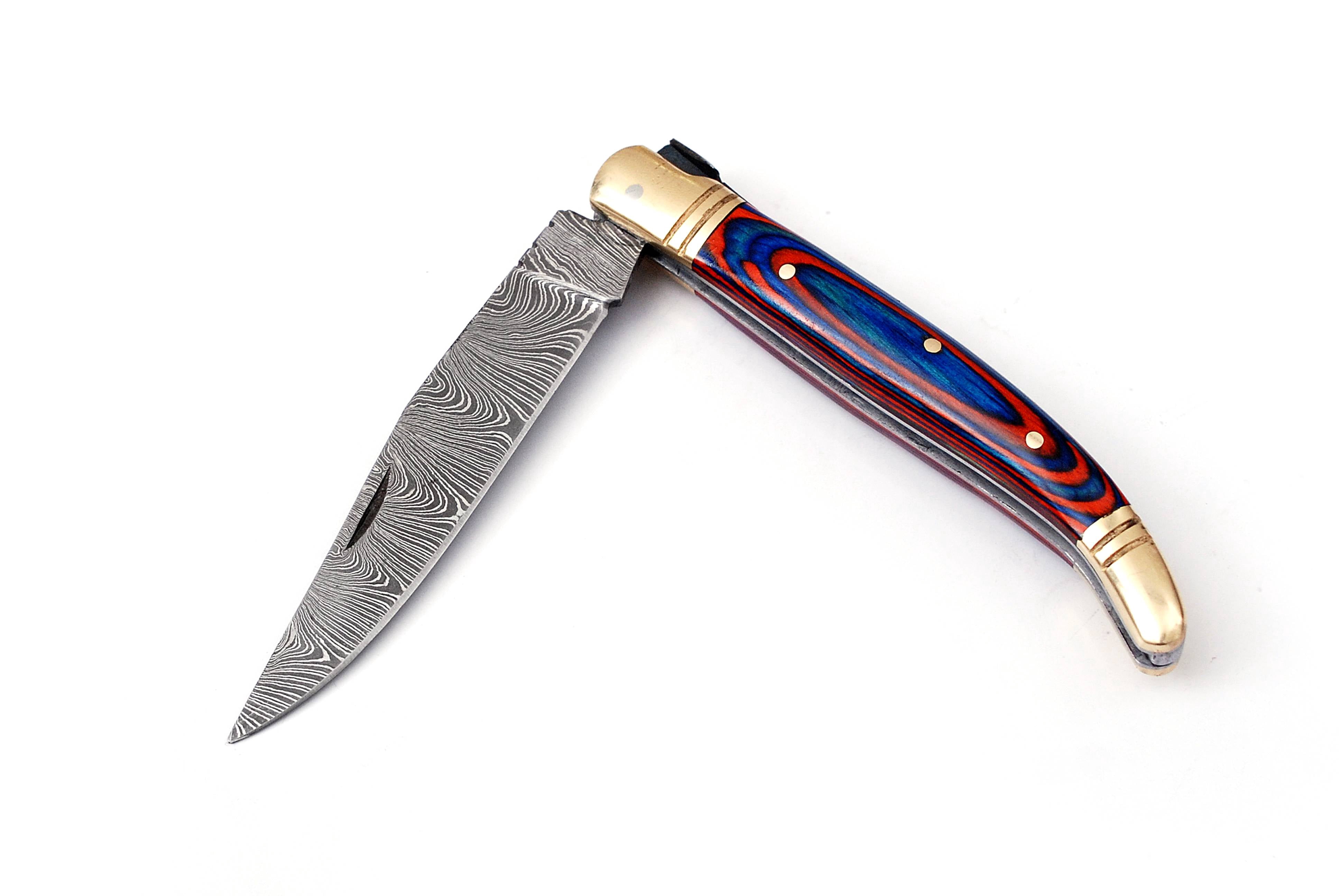 Damascus steel folding knife with leather sheath, 8.5 inches long laguiole pocket knife with 4 inches long Damascus steel Blade, 4.5 inches Blue multi colored wood scale with Brass bolster and pommel
