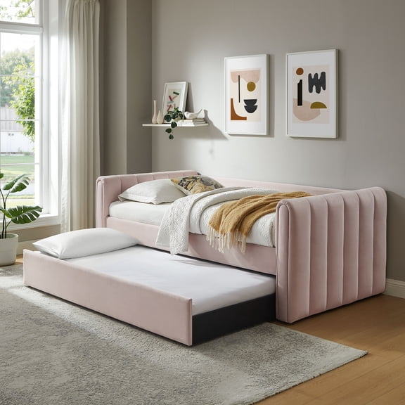 Modway Veyla Channel Tufted Performance Velvet Twin Daybed With Trundle in Pink by Modway
