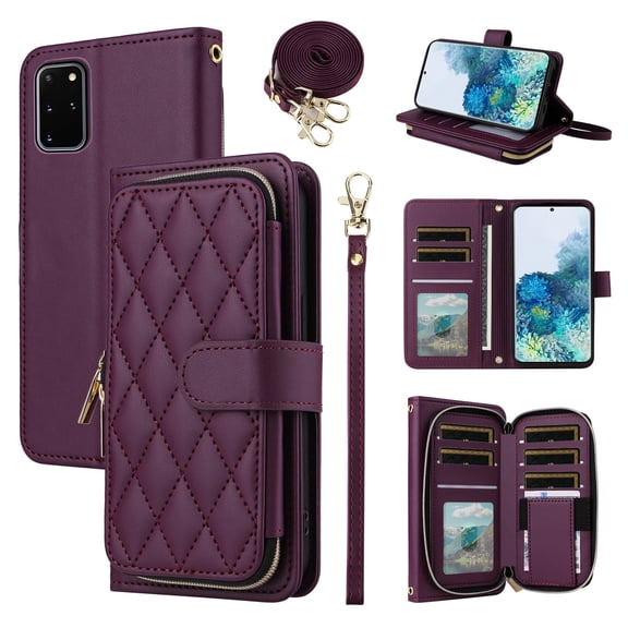 Furiet Wallet Case for Samsung Galaxy S20 Plus S20  5G with Wrist Strap, Crossbody Shoulder Strap, Leather Stand Phone Cover with Card Slots for S20 5G S20plus 20S   S2O S 20 20  G5 Women Deep Purple