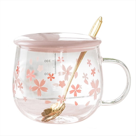 Rollbacks & More 400Ml Glass Coffee Mug Cute Transparent Heat- Water Cup with Handle Lid Spoon ,D