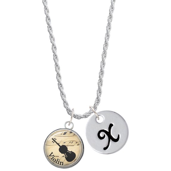 Delight Jewelry Silvertone Domed Music - Violin Silvertone Script Initial Disc - X - Charm Necklace, 20"+3"