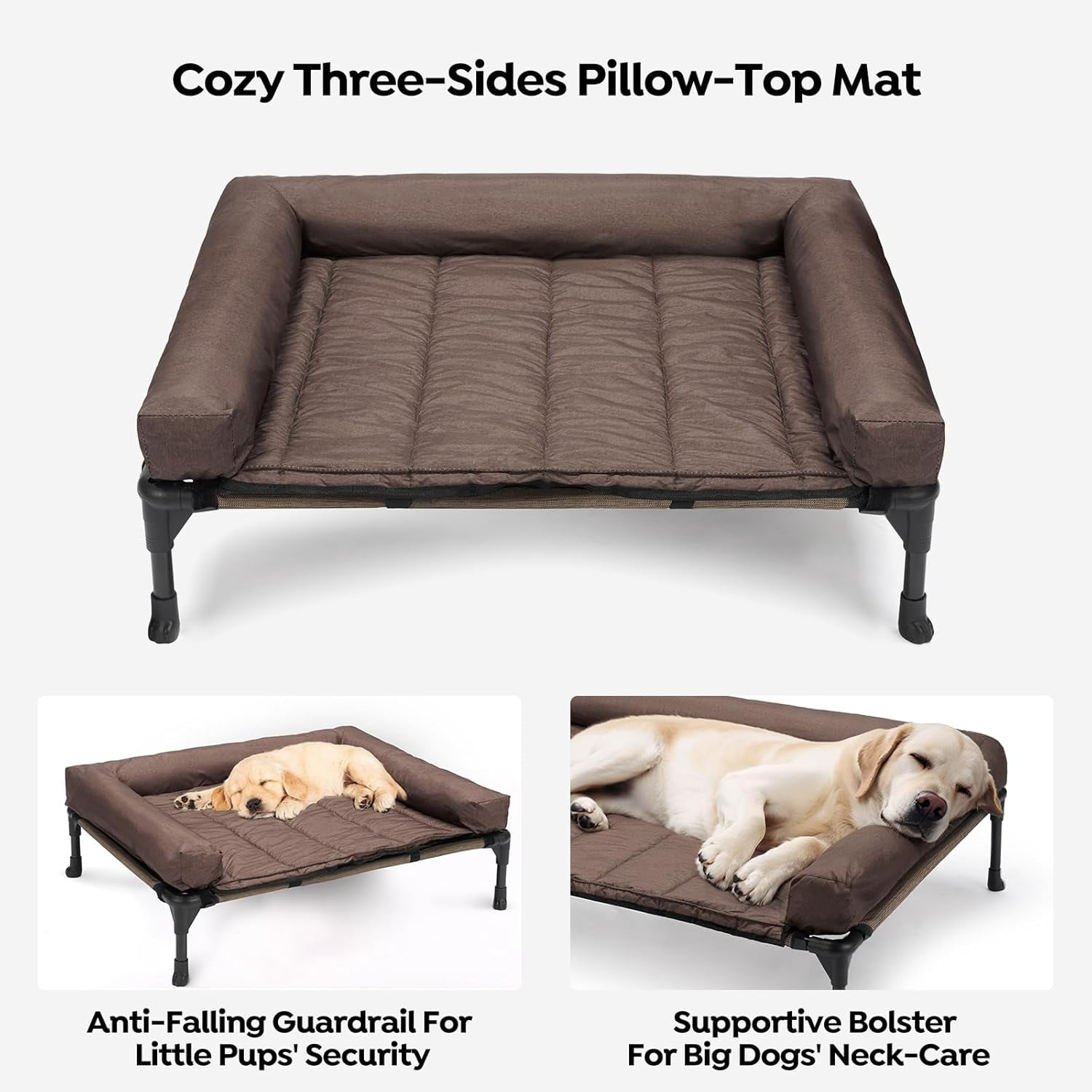 Cooling Elevated Dog Bed + Waterproof Removable Pillow-Top Mat, Bolster Dog Cot Bed, Raised Pet Cot with Breathable Mesh, No-Slip Feet, Dog Sofa Bed for Indoor& Outdoor, XXLarge, Brown