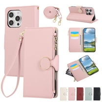 ELEHOLD Case for iPhone 16e, Crossbody Wallet Phone Case with Zipper Card Holder, Detachable Strap Folio PU Leather Cover with Stand,Pink