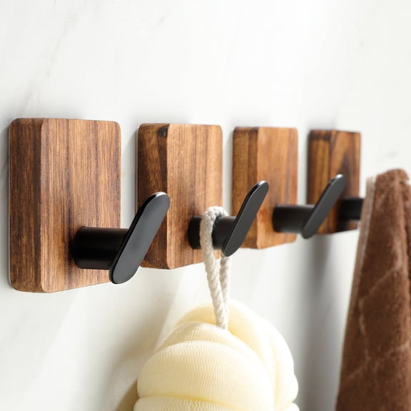 YIGII Towel Hooks for Bathrooms, 4 Packs Adhesive Wood Hooks for Hanging Robes, Towels, Coat, Key, Heavy Duty Decorative Wall Utility Hook