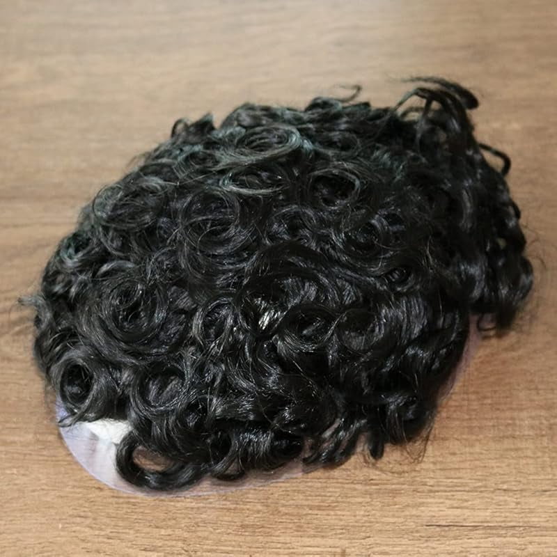 SIMBEAUTY Indian Remy Human Hair Curl Toupee 10x8inch for Men with Men Hair System Replacement Wig (1# Jet Black- 15MM Curly)
