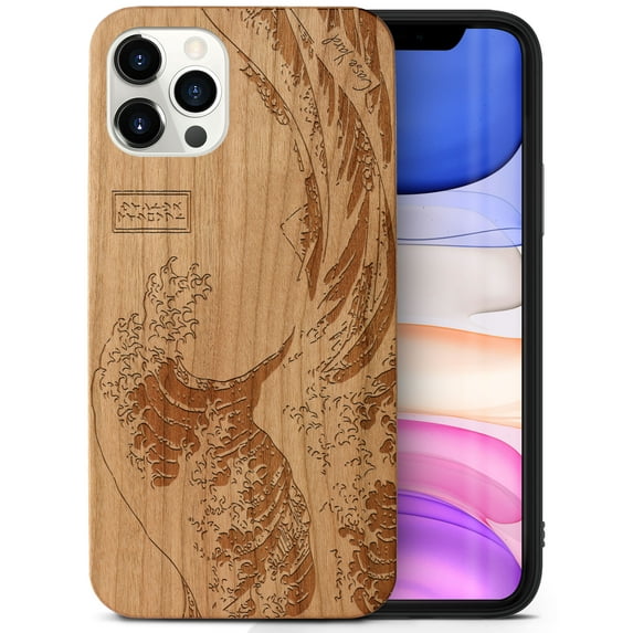 Case Yard Wooden Case Outside Soft TPU Silicone, Slim Fit Shockproof Wood Protective Phone Cover for Girls Boys Men and Women, Supports Wireless Charging Great Wave Design case for iPhone-12-Pro-Max