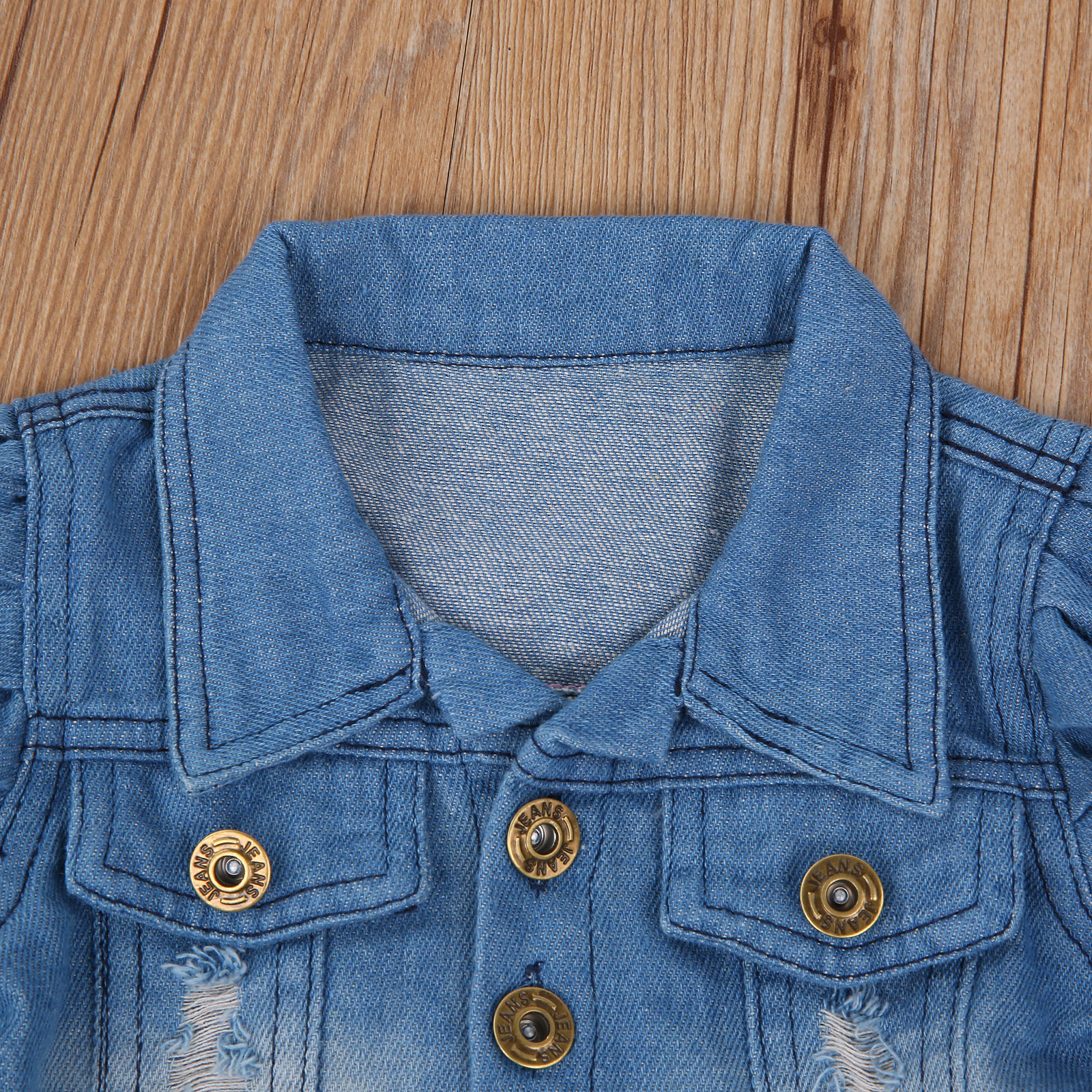 Seyurigaoka Kids Two- piece Clothes Set, Girls Blue Puff Sleeve Open Front Denim Jacket - image 5 of 5