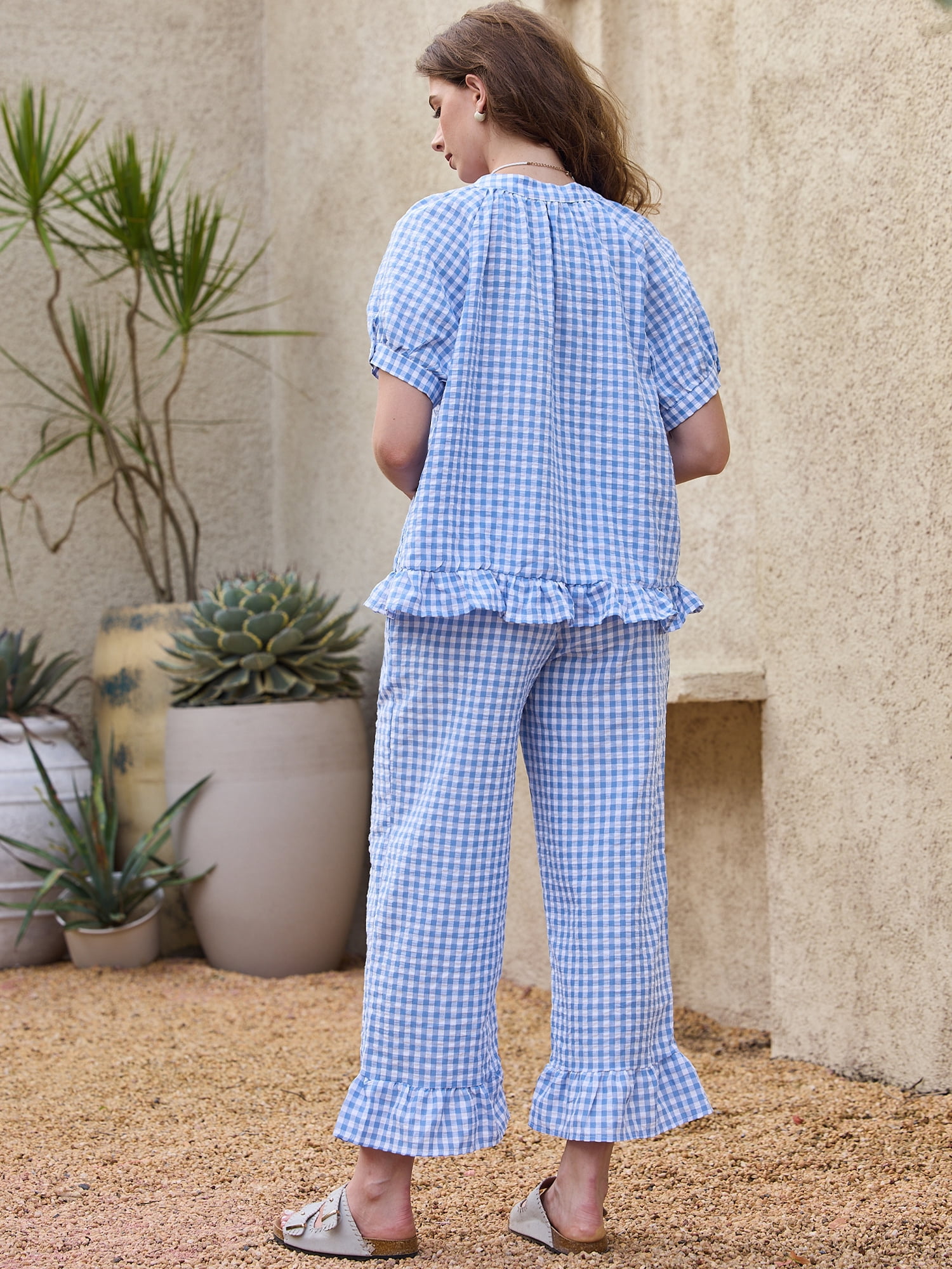 DARING DIVA Women's 2 Piece Pajamas Sets Gingham Short Sleeve Babydoll Shirt S Blue