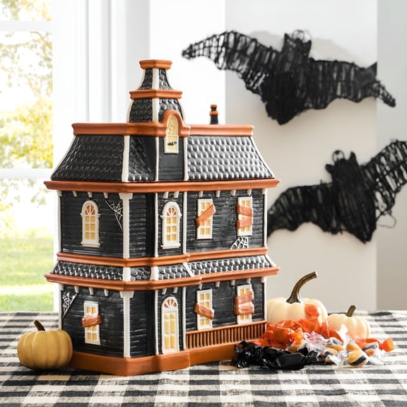ACDANC Haunted House Stoneware Lidded Candy Bowl Halloween Candy Dish,Candy Cookie Bowl Candy Tray Holder Snack with Haunted House Decoration,Kids Trick or Treat