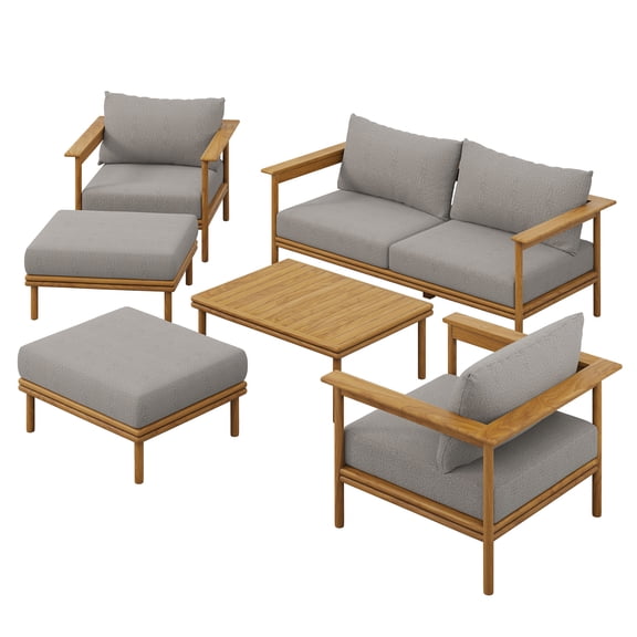 6 pcs Lounge Sectional Sofa Table Set, Natural Brown, Teak Wood, Outdoor Patio Balcony Cafe Bistro Garden Hospitality Restaurant, Modern Contemporary, HB37533