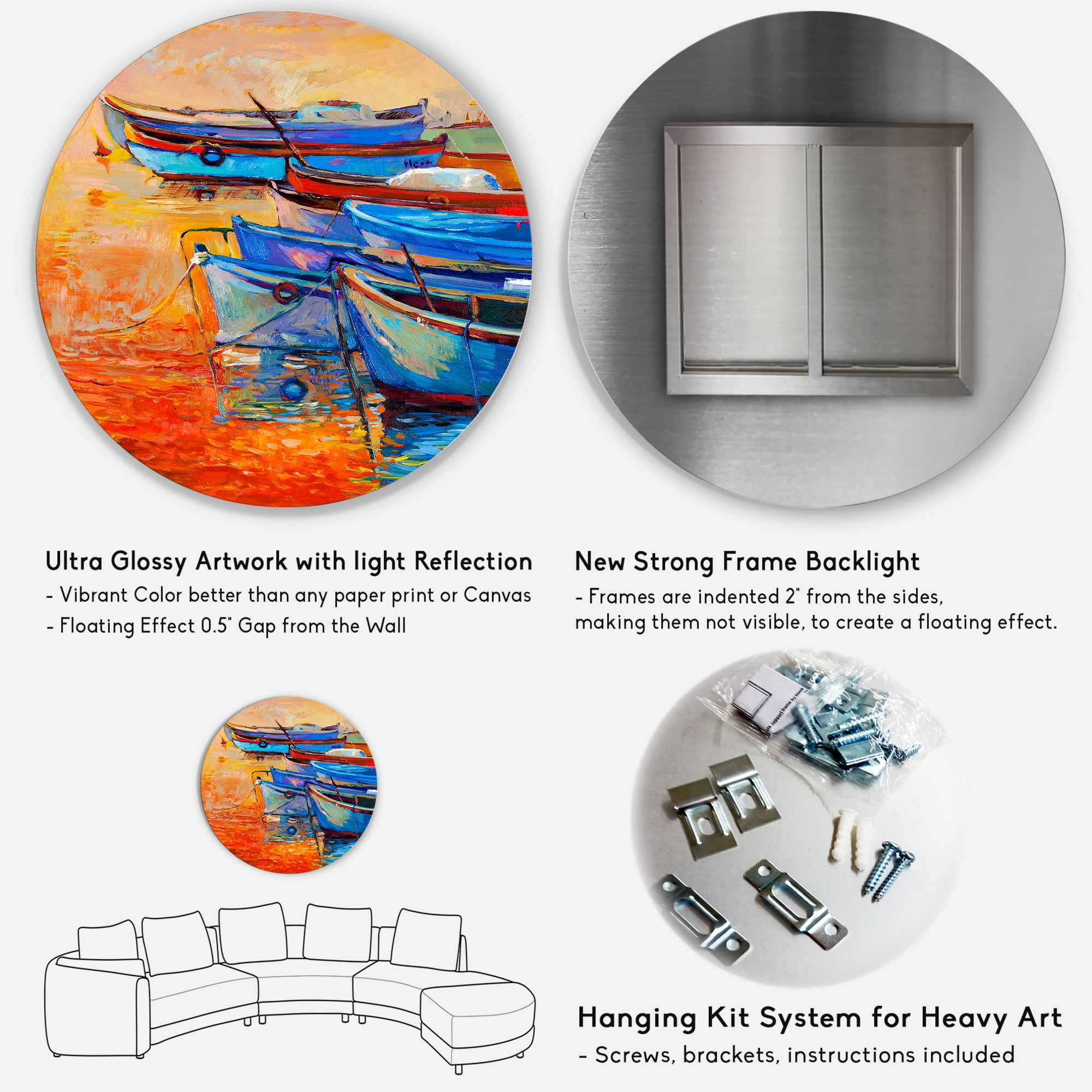 Designart 'Boats During Warm Sunset Resting On The Water VIII' Nautical & Coastal Circle Metal Wall Art 11x11 - Disc of 11
