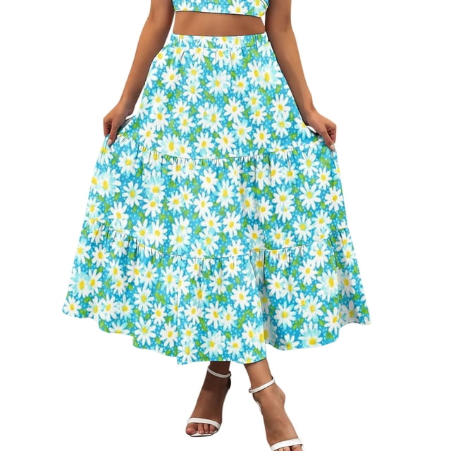 Kcodviy Women Summer Boho Printing Ruched Skirt Elastic Waist Pleated A Ruffle Skirt Line Flowy Swing Tiered Plaid Mini Skirt Pocket Long Beach Skirt and Top Set for Women Dress