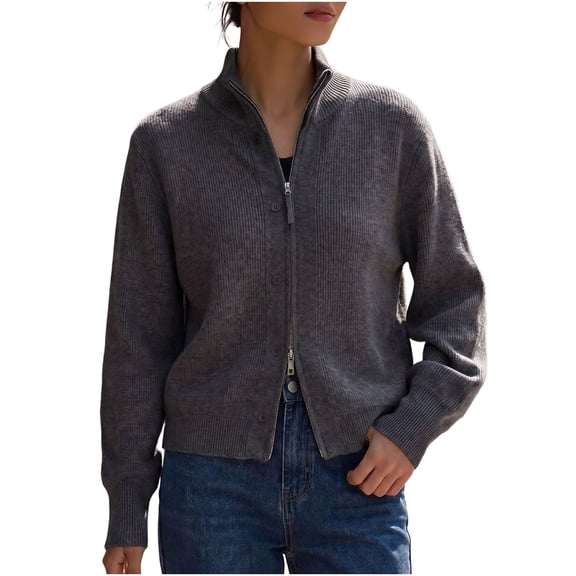 Lnmiateer Women Zip Up Chunky Knit Cropped Cardigan Long Sleeve Sweater Jacket Relaxed Fit Knit Outerwear Fall Winter Casual Daily Layering Coat