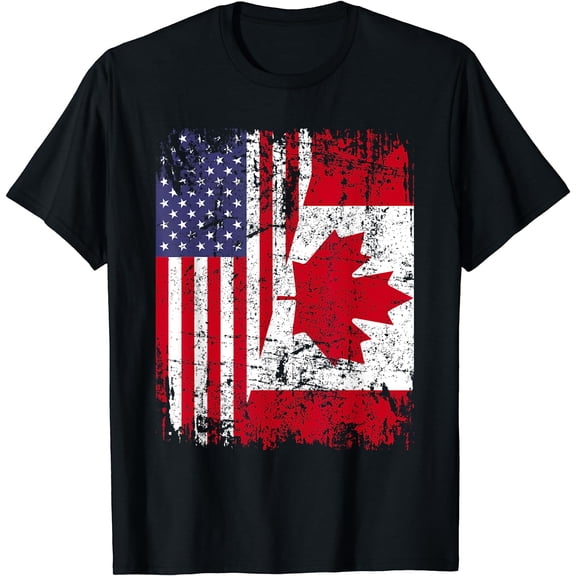 CANADIAN ROOTS | Half American Flag | CANADA T-Shirt Black Small