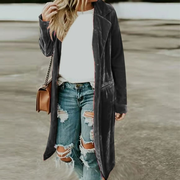 Mikilon Femmes Couleur Unie Casual Manches Longues Poche Mi-Longueur Cardigan Tops Chemisier Un Manteau À Boucle
