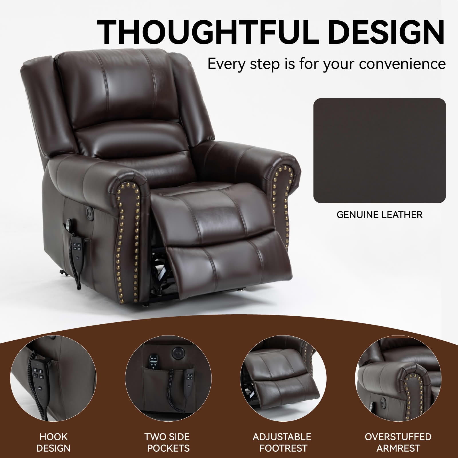 MAYEERTY Brown Genuine Leather Dual Motor Power Lift Recliner, 350lbs Massage Heat USB Ports 40"x38"x41" for Elderly
