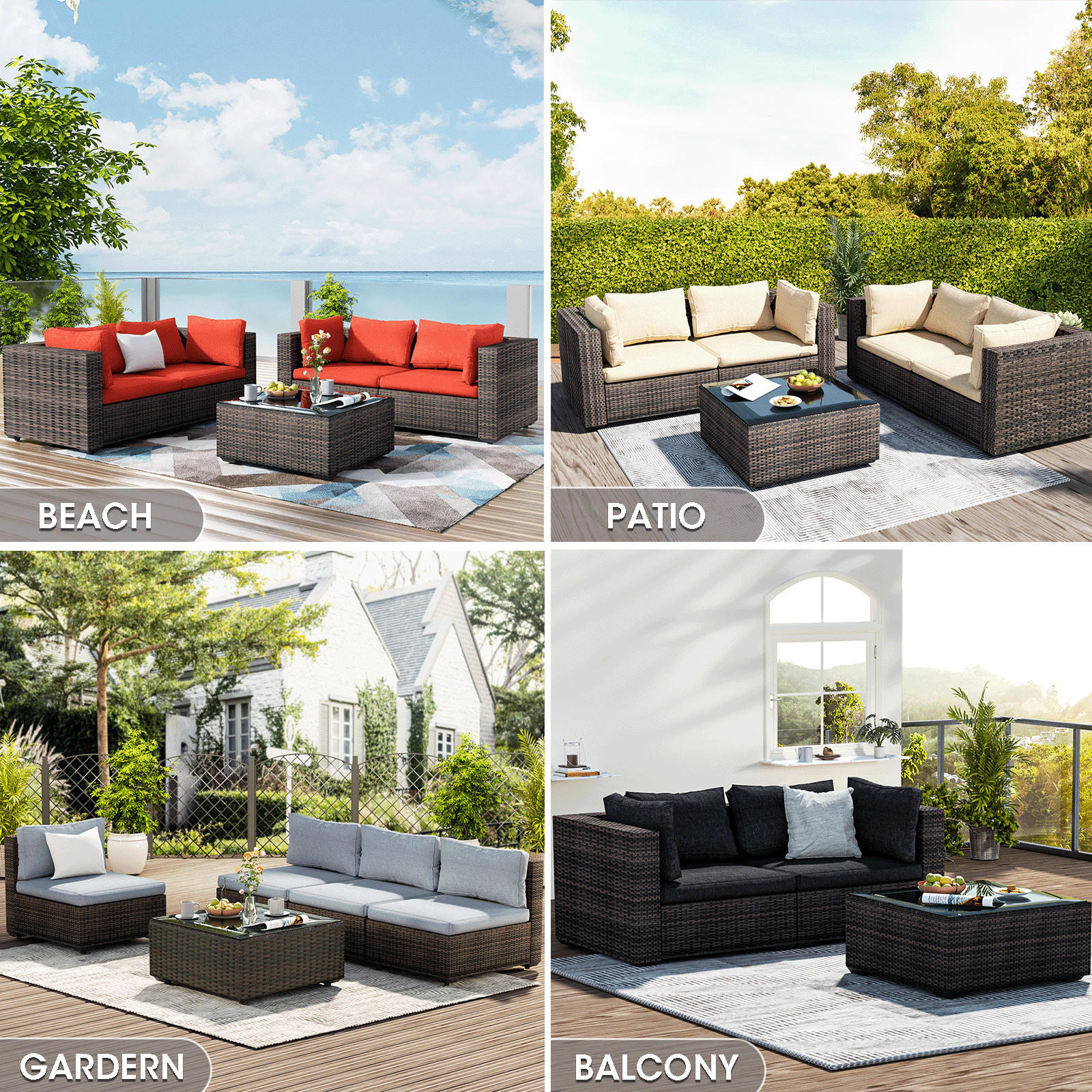 TANGJEAMER 5 Piece Patio Furniture Set, All Weather Outdoor Sectional PE Rattan, Patio Conversation Sets with Cushions and Glass Coffee Table for Garden Lawn Balcony Porch Deck,Blue