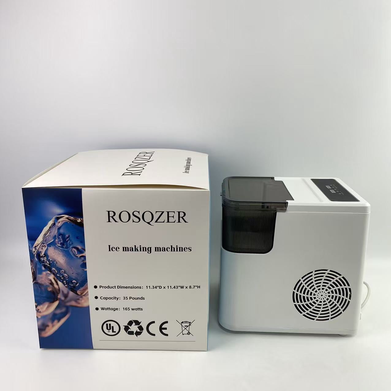ROSQZER Ice making machines,Countertop Ice Maker Machine with Handle, 26lbs Per Day, 9 Ice Cubes Ready in 6 Mins, Auto-Cleaning Portable Ice Maker with Basket and Scoop (White)