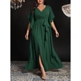 thumbnail image 6 of Dark Green Plus Size V-Neck Wrap Maxi Dress With Flare Sleeves, Tie Waist And Side Slit, 6 of 6