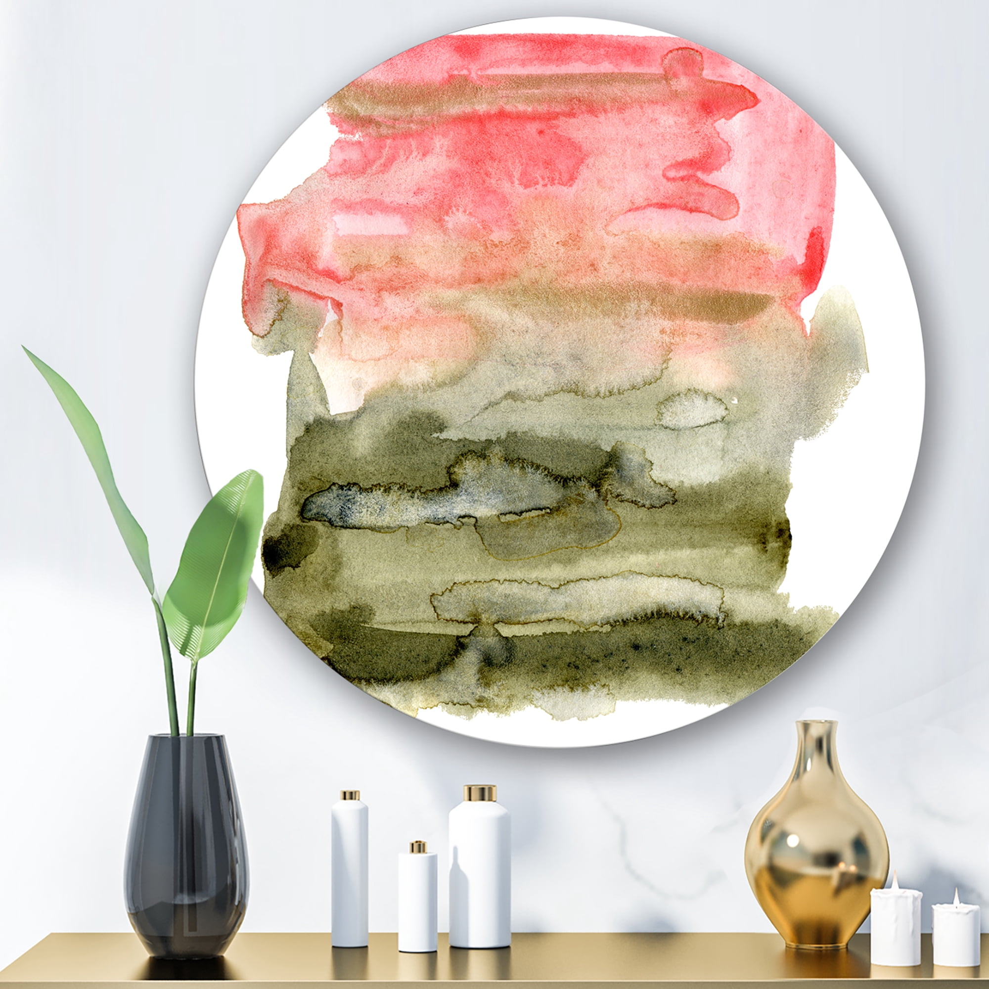 Designart 'Red Pink and Green Abstract Clouds' Modern Circle Metal Wall Art 11x11 - Disc of 11