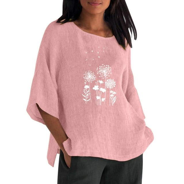Fvwitlyh T-Shirt Robe Femmes Été Femmes 3 de 4 Manches Col Rond Imprimé Floral en Vrac T-Shirt Casual Lin Tunique Tee Chemisier Rouge, M