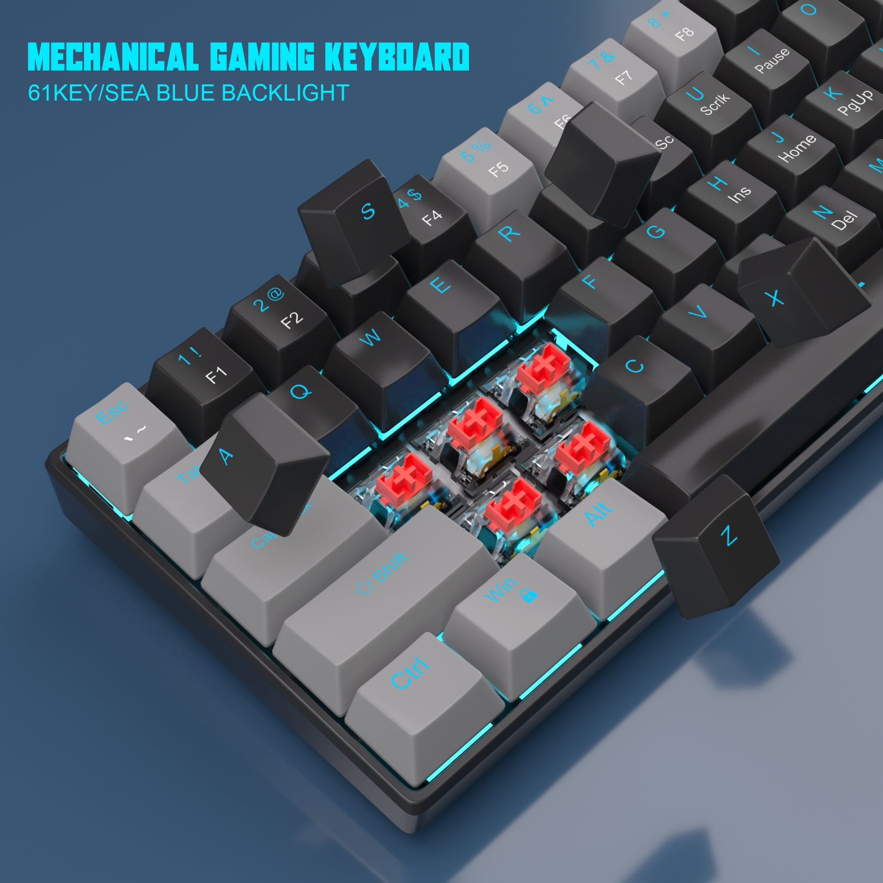 60 Percent Mechanical Gaming Keyboard, Black Gaming Keyboard with Red Switches, Detachable Type-C Cable 60% Mini Keyboard with Powder Blue Light for /PC/Laptop - Gray & Black/Red Switches