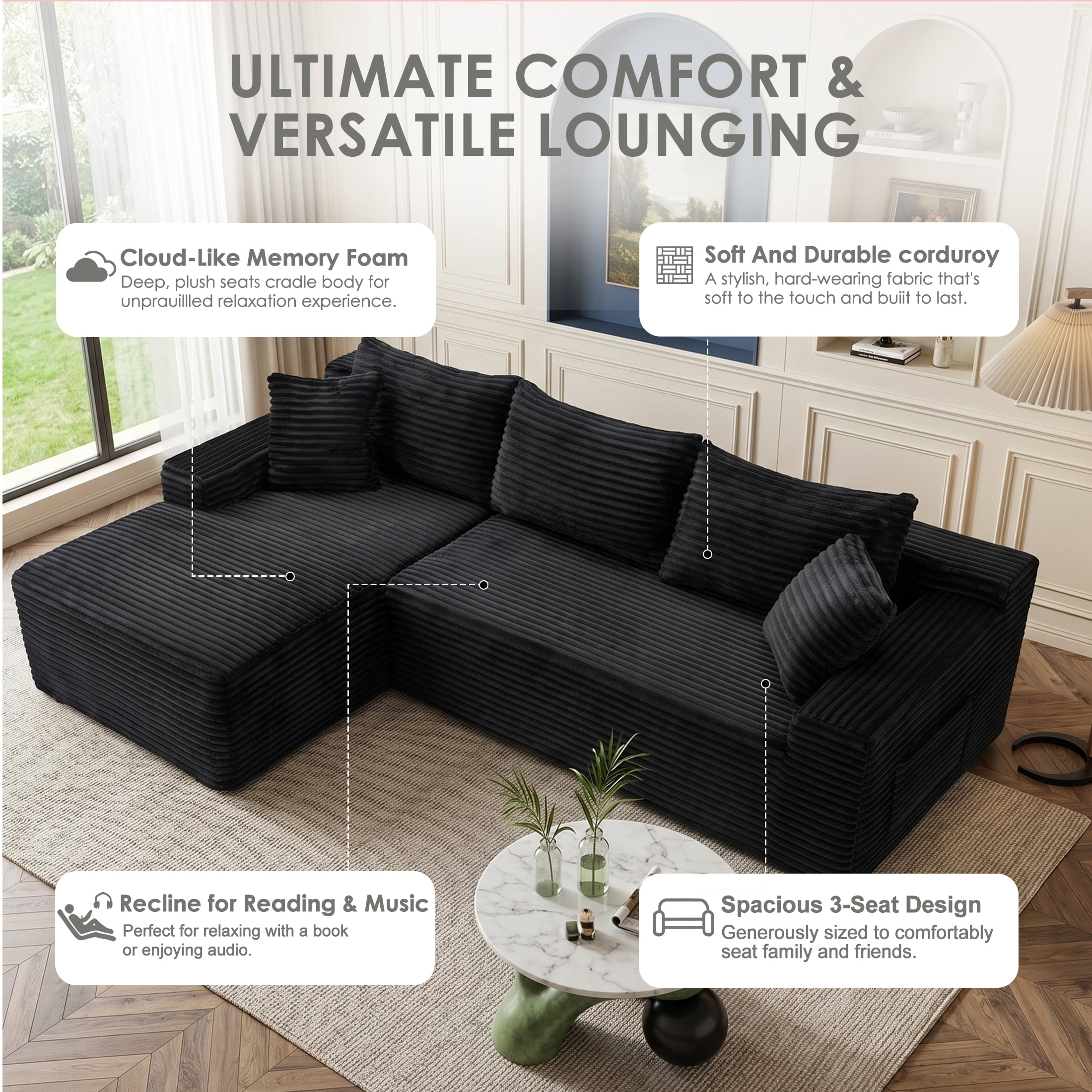 Xiweot 95" Cloud Sectional Sofa Deep Seat Boneless Couch L-Shaped Modular Couch, Modern Left Chaise Corduroy Upholstered Sofa with Side Pockets for Living Room, Black