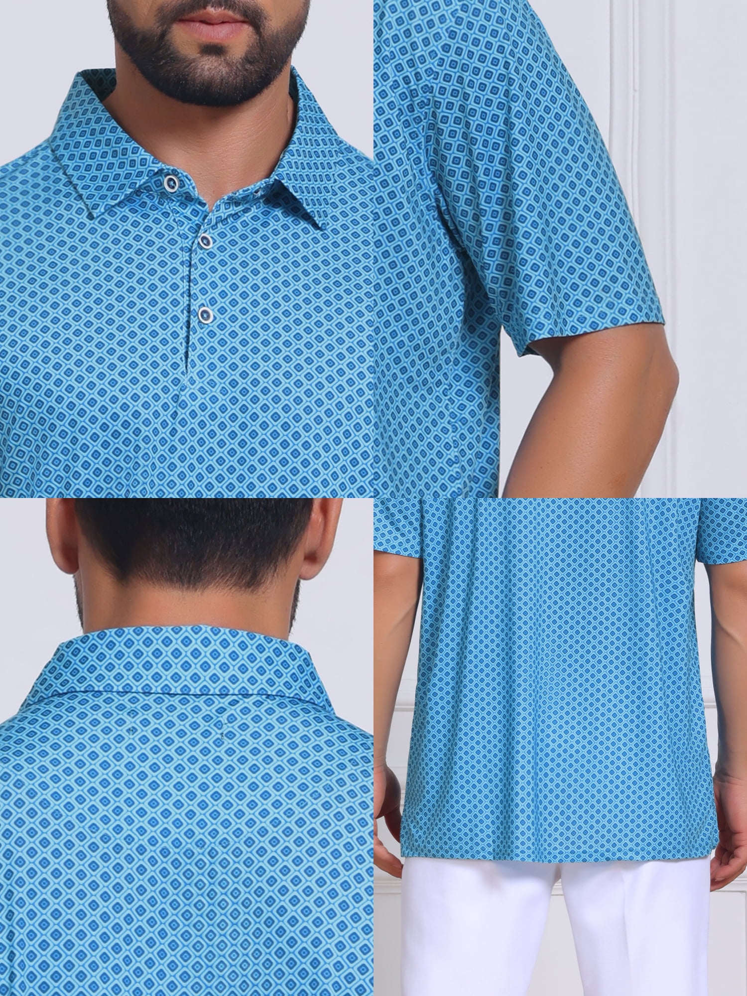 DARING DIVA Men's Printed Short Sleeve Lightweight Breathable Polo Shirts XL Sky Blue