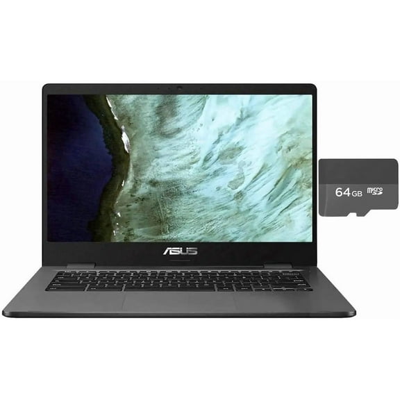 ASUS 14.0" HD (1366 x 768) Anti-glare Display Chromebook | Intel Celeron N3350 | Integrated Graphics | Webcam| Grey | 4GB RAM | 32GB SSD | Chrome OS | Bundle with 64GB SD card