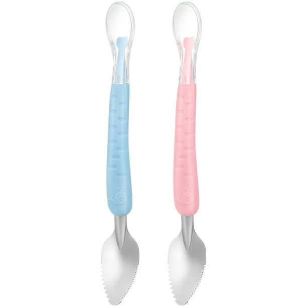 2 cucharas de doble cabeza para niños con mango de silicona para hacer puré de frutas, herramienta para comer