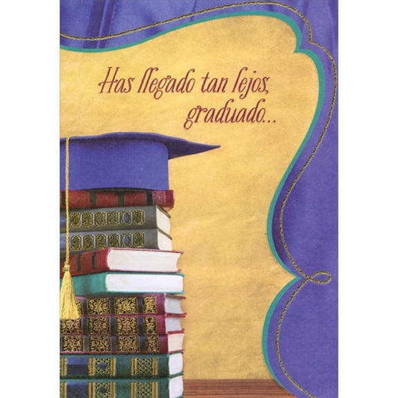 Designer Greetings Blue Grad Cap on Stack of Books with Gold Foil Spines Spanish Graduation Congratulations Card
