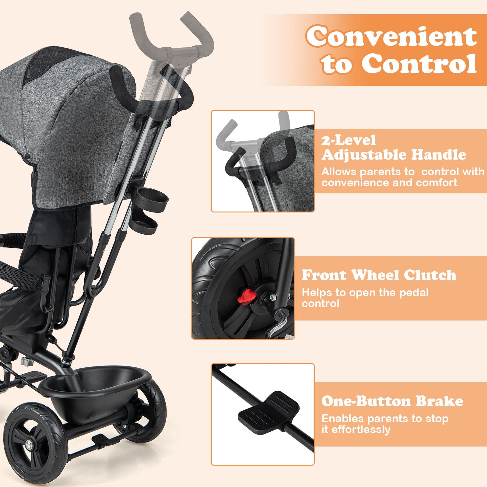 Amijoy 4-in-1 Kids' Tricycle Stroller, Toddler Push Bike with Adjustable Push Handle, Reversible Seat, Folding Canopy & Detachable Guardrail