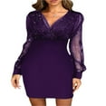 thumbnail image 1 of POINTERTECK Femmes Élégant Maille Manches Longues Cocktail Robe Bodycon V Cou Paillettes Patchwork Crayon Robe de Travail Paillettes Club Robe Bleu S, 1 of 6