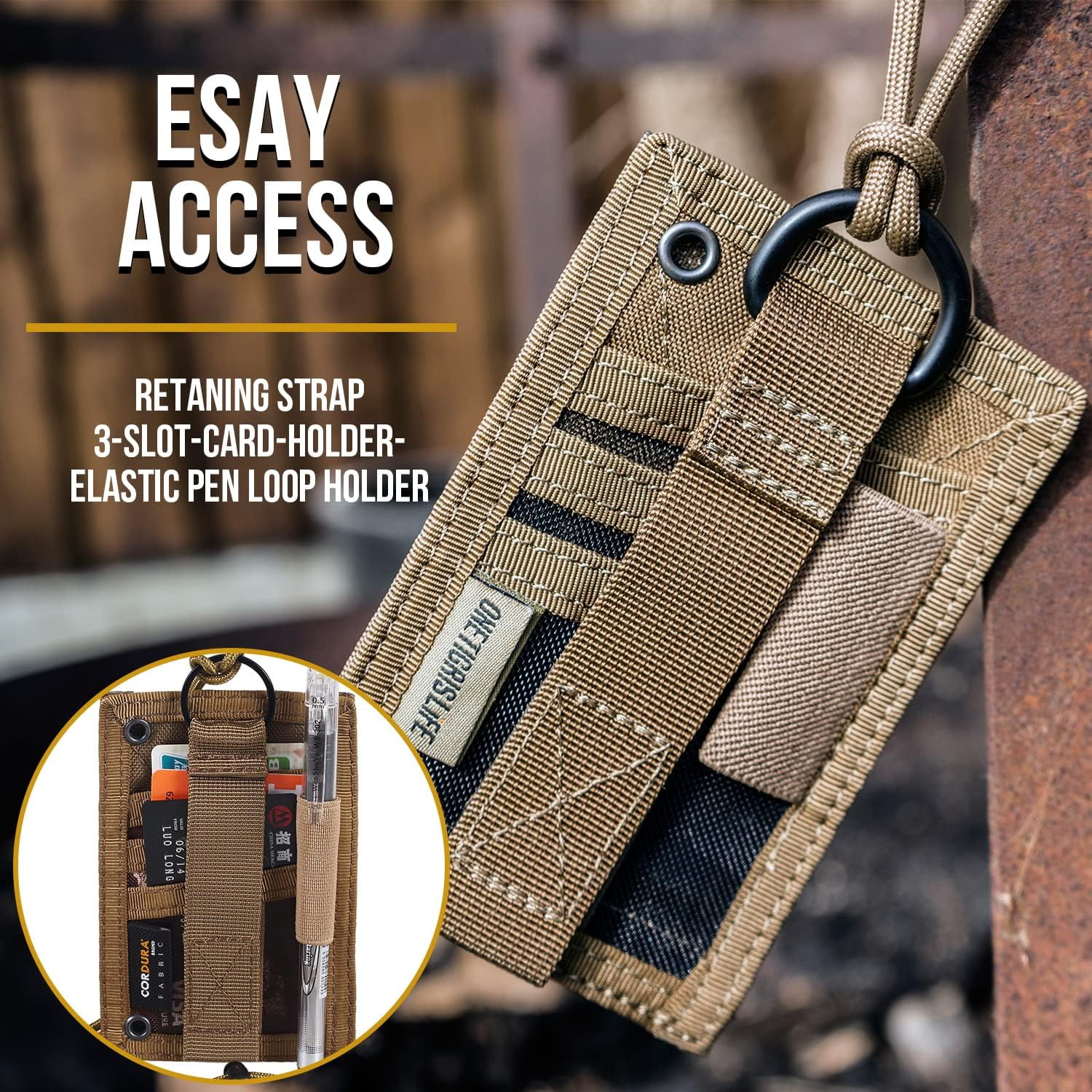 Tactical ID Card Holder Hook & Loop Patch Badge Holder Neck Lanyard Key Ring and Credit Card Organizer (Coyote Brown)