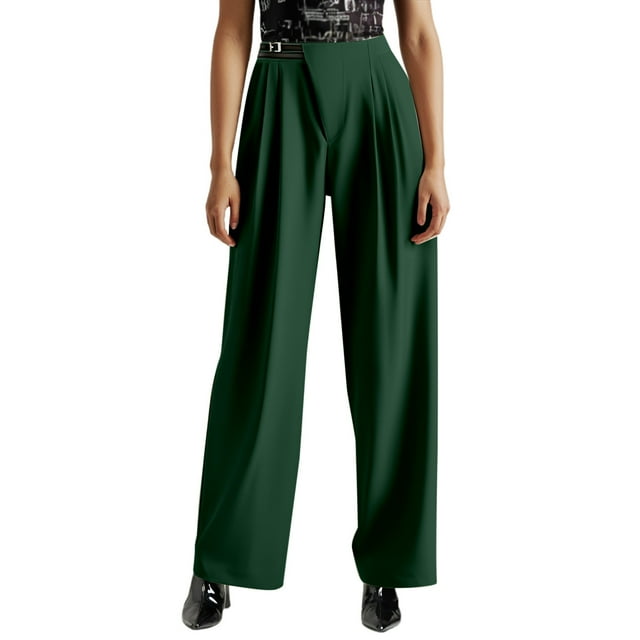 Pantalones anchos de cintura alta para mujer, con bolsillos, estilo informal de negocios - Pantalones de traje de pierna recta