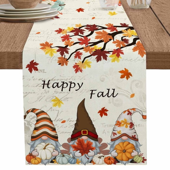 nqOlkjepod Fall Table Runner 48 Inches Long Farmhouse Dress Scarves, Thanksgiving Gnomes Maple Leaf Pumpkin Beige Dining Tablerunner for Coffee Table/Kitchen Island/Party Décor, 13" x 48"