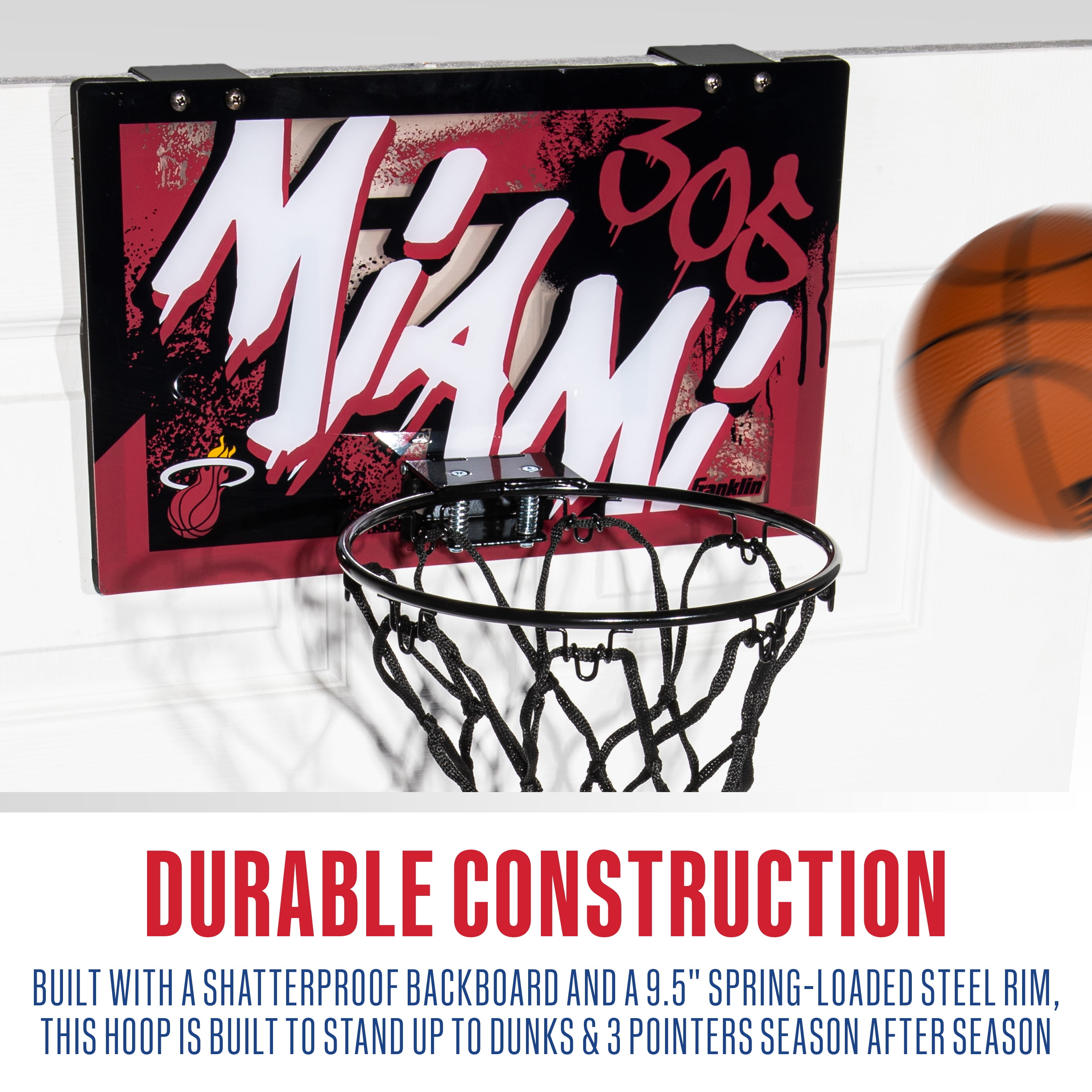 Franklin Sports NBA Miami Heat Over the Door Basketball Hoop - Kids Indoor Basketball Hoop with Mini Basketball - NBA Fan Shop Mini Hoop for Bedroom + Office - Over the Door Mini Hoop Set