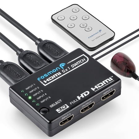 Fosmon HD1832 Intelligent 5-Port HDMI Switch Splitter with IR Remote and AC Adapter