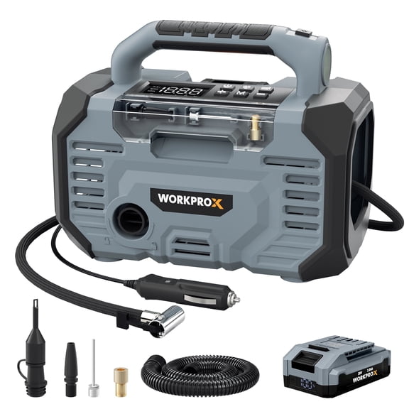WORKPROX Tire Inflator Portable Air Compressor, 150 PSI Car Air Pump with 20V Battery and 12V DC Power, Auto Shut-off, Digital Gauge
