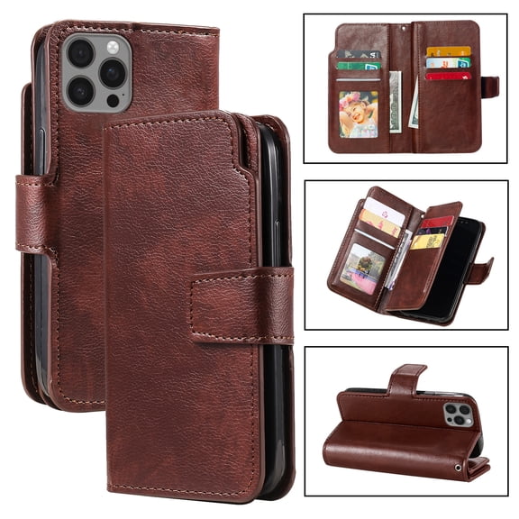Wallet Case for iPhone 16 Pro,[9 Card Holders & 2 Cash Pocket] RFID Blocking Premium PU Leather Magnetic Flip Kickstand Folio Case Durable TPU Shell Protective Luxury Cover - Brown