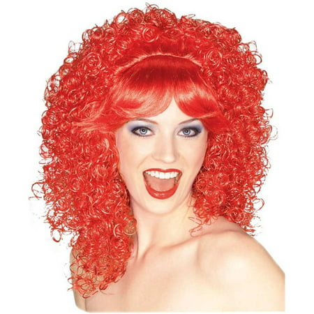 Adult Womens Bright Red Tight Curly Costume Wig With Bangs