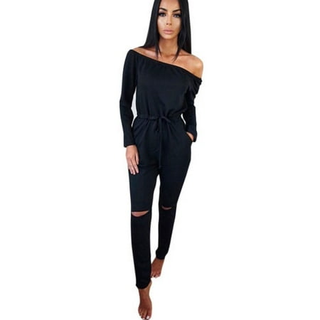 - Womens Off Shoulder Drawstring Jumpsuits Rompers Knee Hole Pants Sweatshirt Pants Sets Jogging Sport Tracksuit