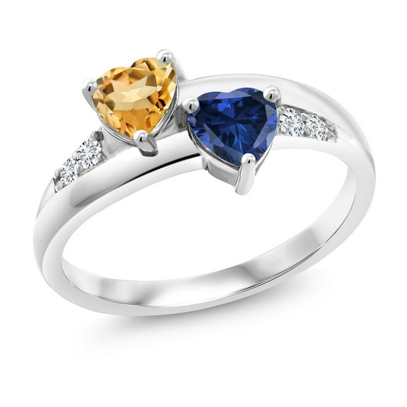 Gem Stone King 1.15 Ct Yellow Citrine Blue Created Sapphire 925 Sterling Silver Lab Grown Diamond Ring (Size 9)