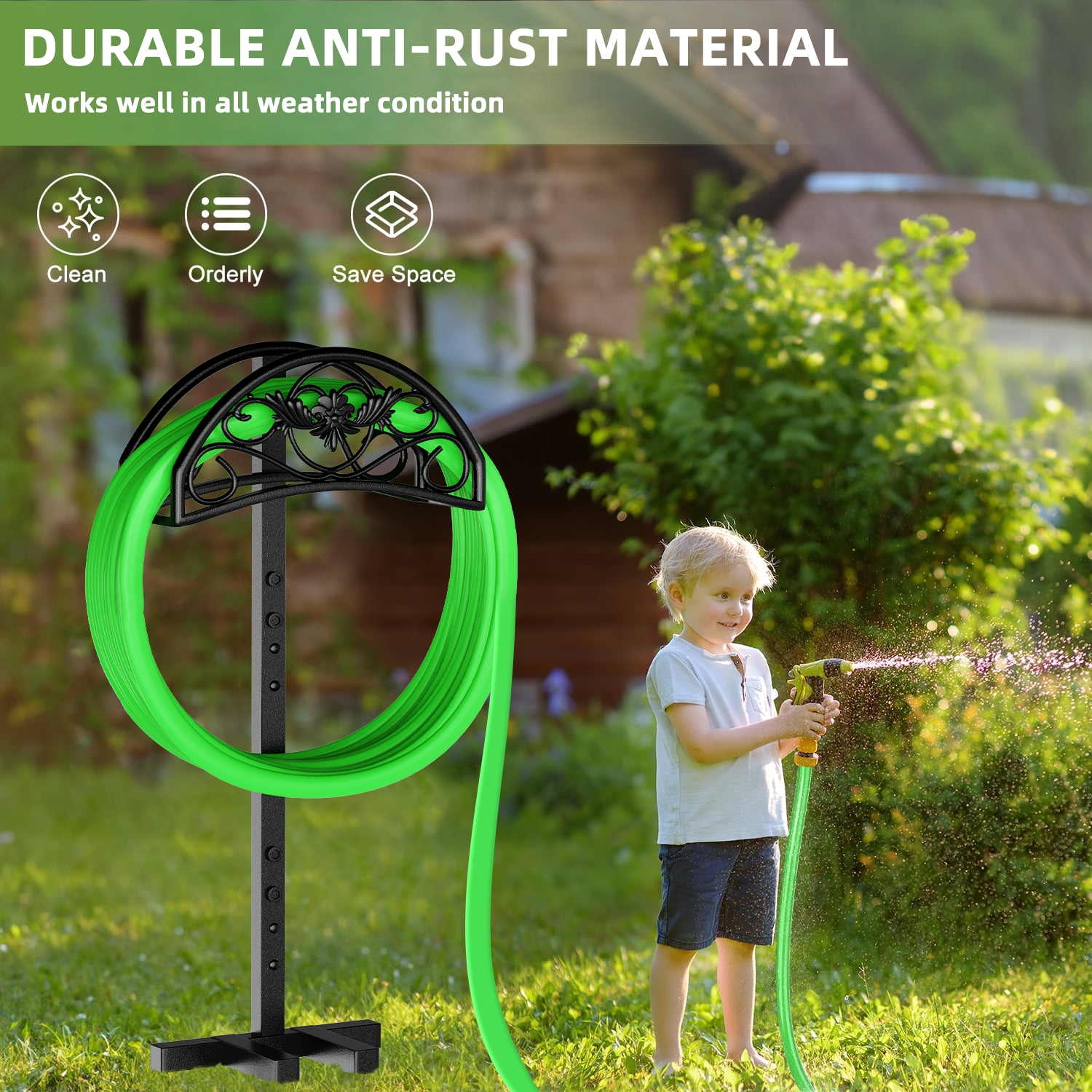 Garden Hose Holder Holds 150 ft Hose, Freestanding Heavy Duty Detachable hose reel for Yard & Farm (Black)