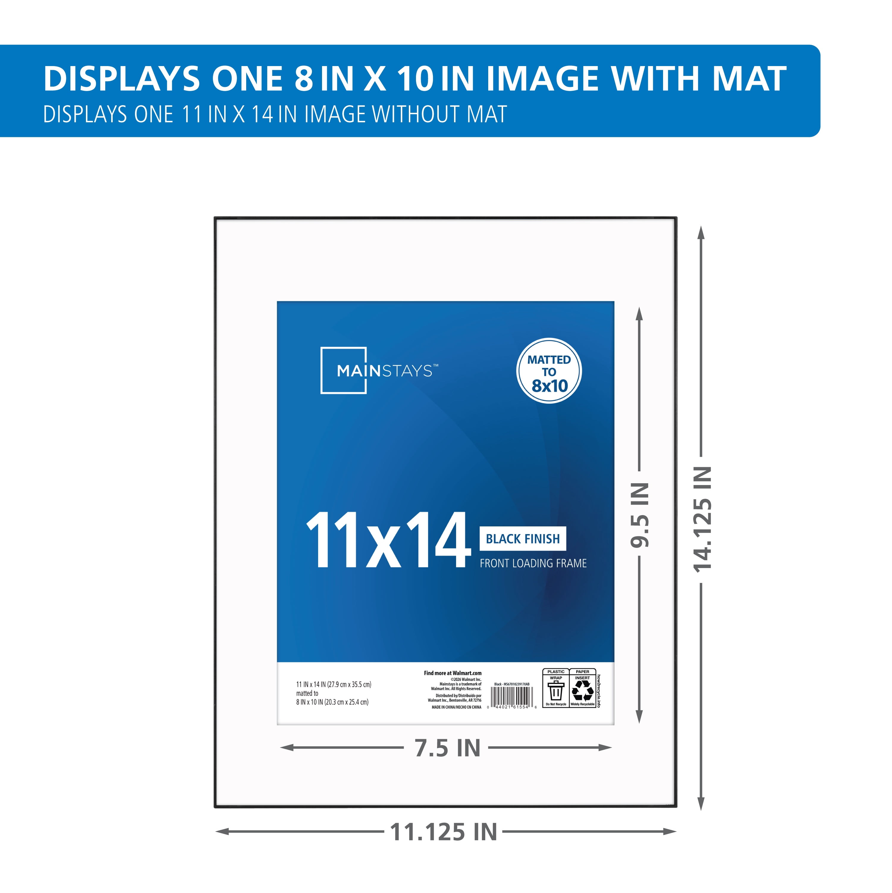 Mainstays 11x14 Front-Loading Picture Frame, Matted to 8x10, Black